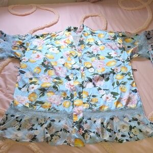 Victoria's Secret Light Blue Floral Lemon Print Women's Kimono Silk Robe NO BELT